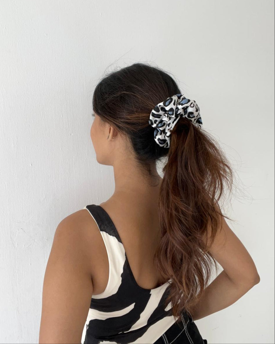 Snow leopard satin silk scrunchie