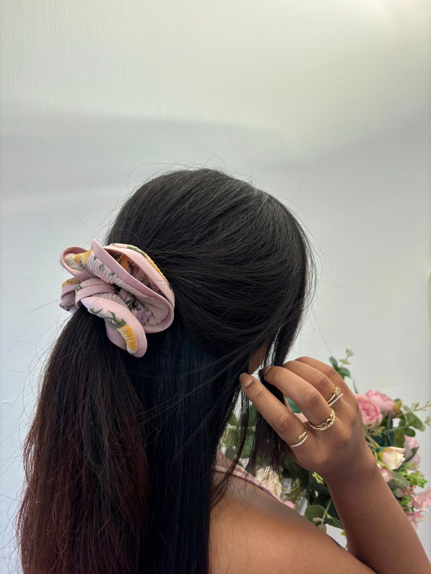 Soft pink ruffle scrunchie