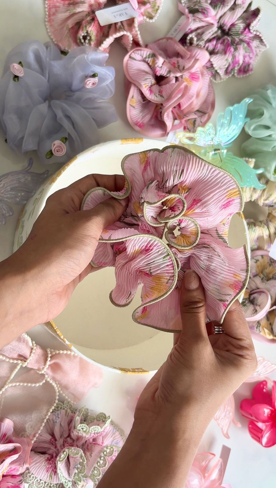 Pink floral ruffle scrunchie